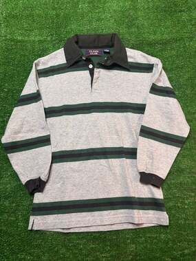 Vintage Class Club Gray and Green Striped Long Sleeve Rugby Polo Shirt Size M